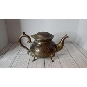 Heavy antique engraved Brass Footed Teapot READ DESCIPTION